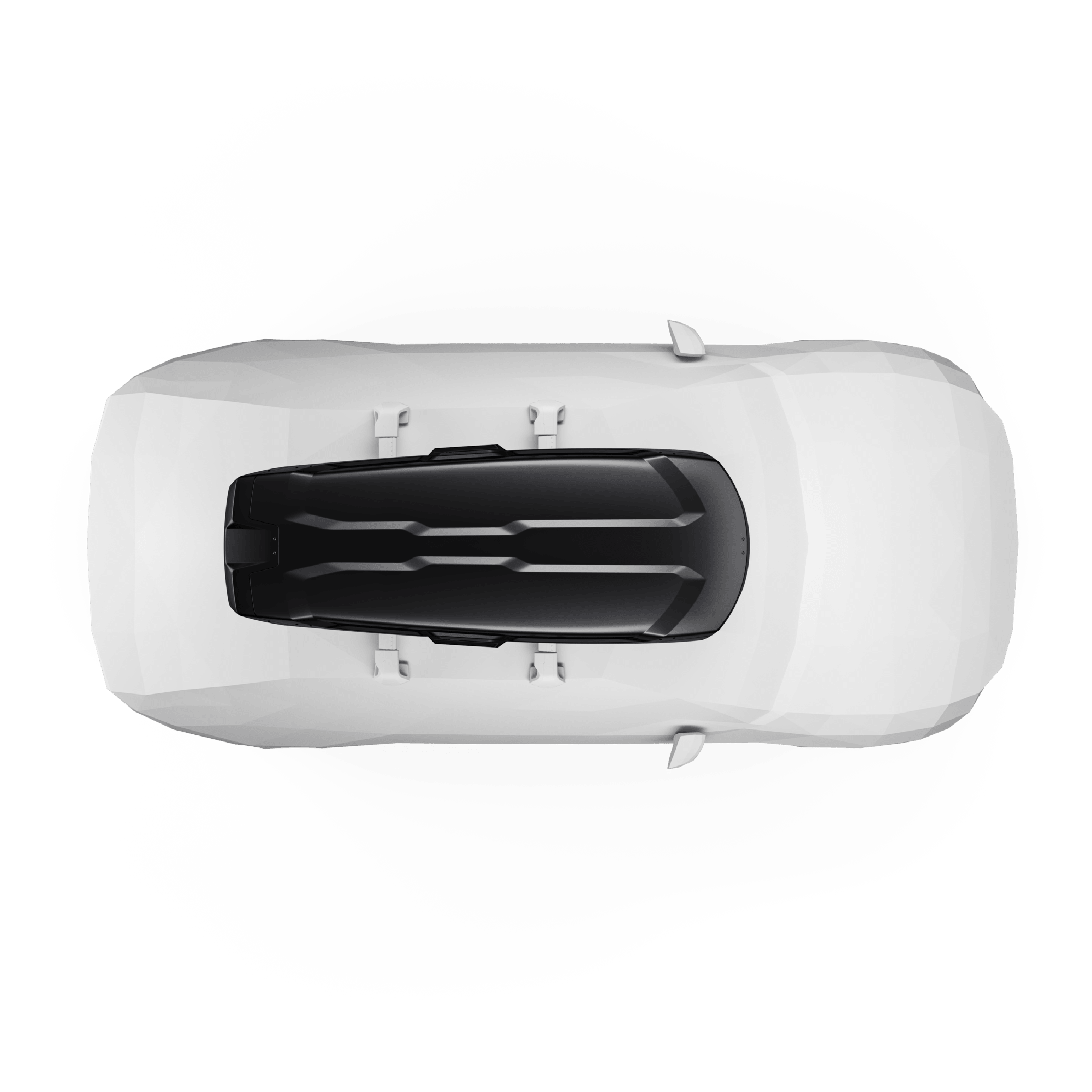 Thule Vector Alpine black metallic roof box on a white car, viewed from above.