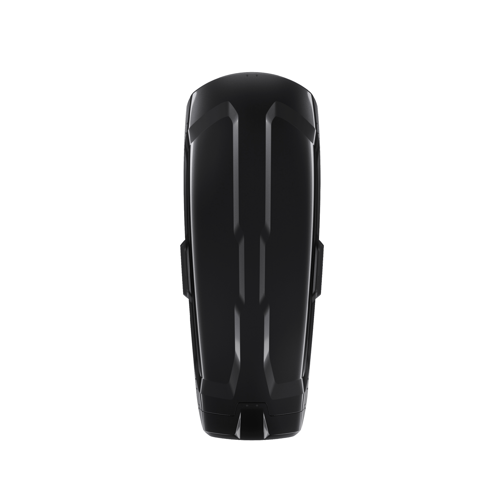 Thule Vector Alpine roof box in sleek black metallic ABS plastic, top-down view.
