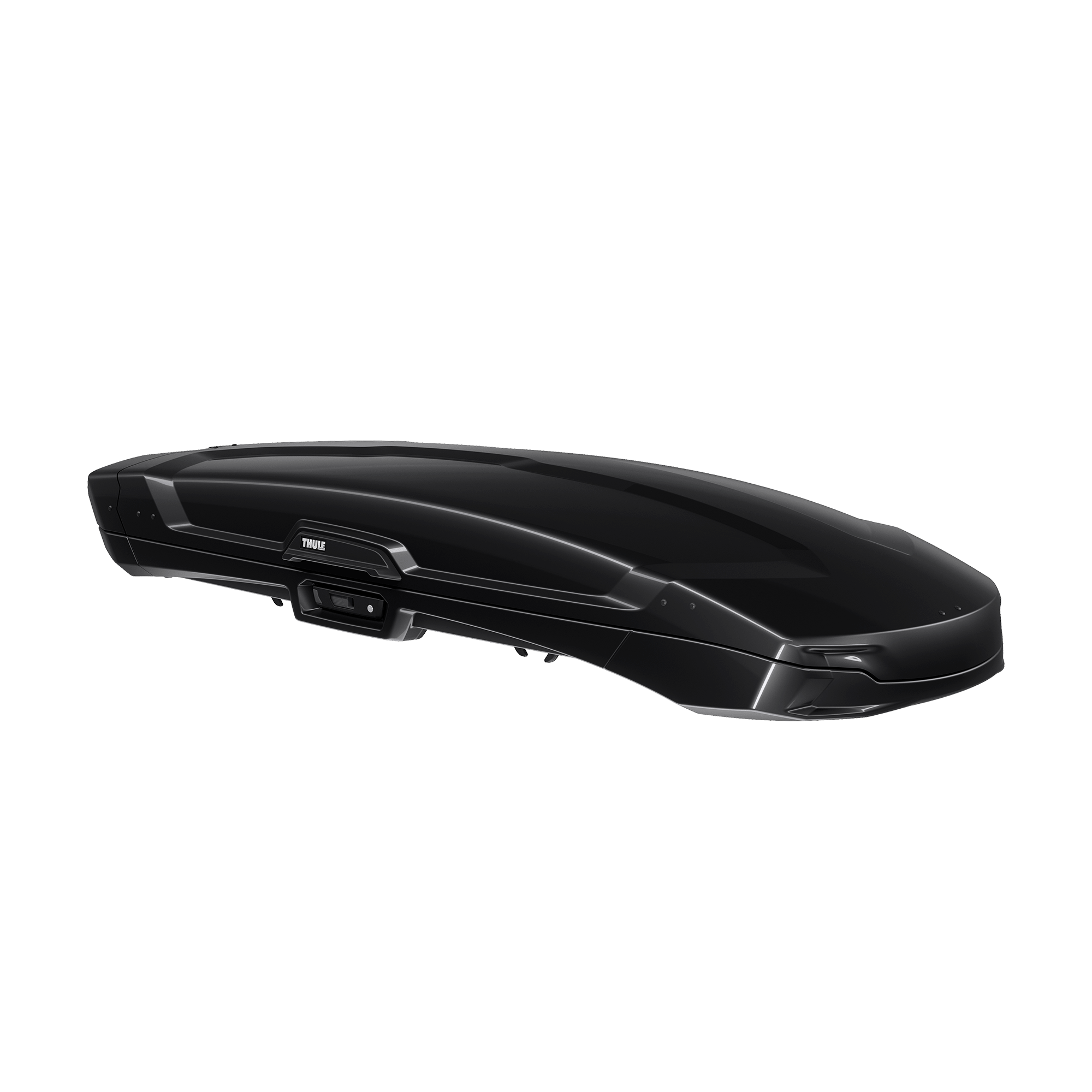 Thule Vector Alpine roof box in sleek black metallic ABS plastic with sporty design.