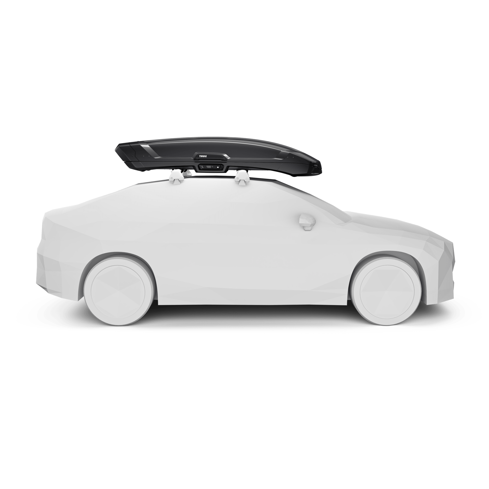 Thule Vector L black metallic roof cargo box on a white car, showcasing its sleek, aerodynamic design.