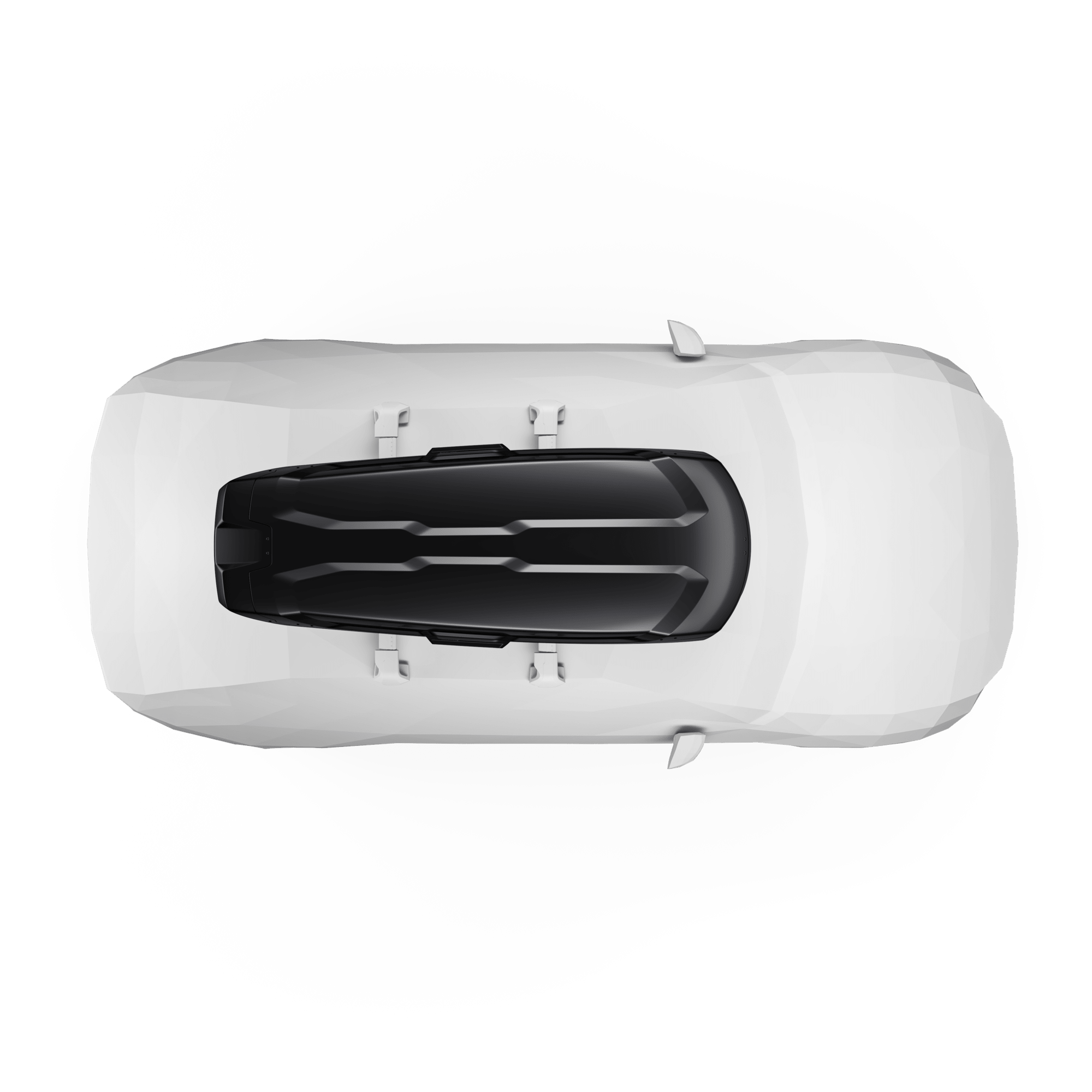 Thule Vector L black metallic roof cargo box on a white car, top-down view.