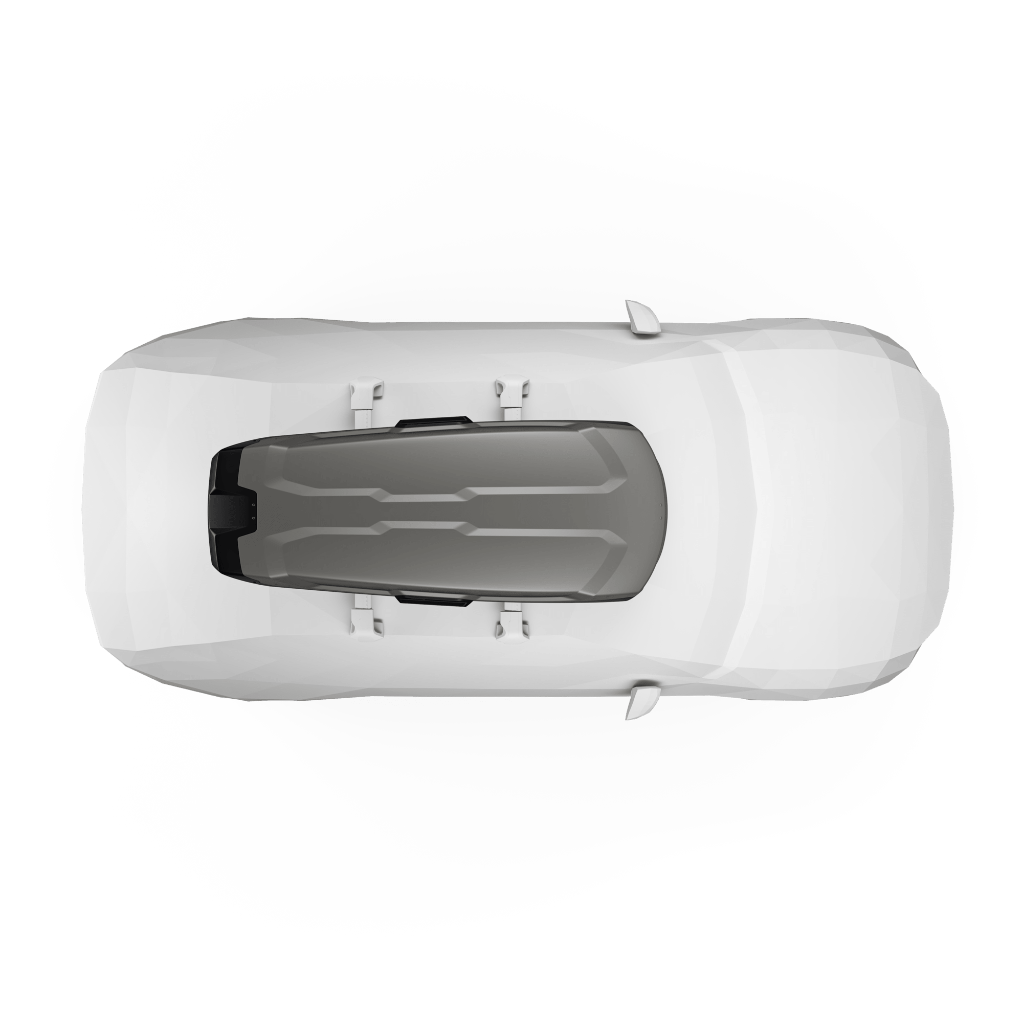 Thule Vector M cargo box in Titan Matte on a white car roof, top-down view.