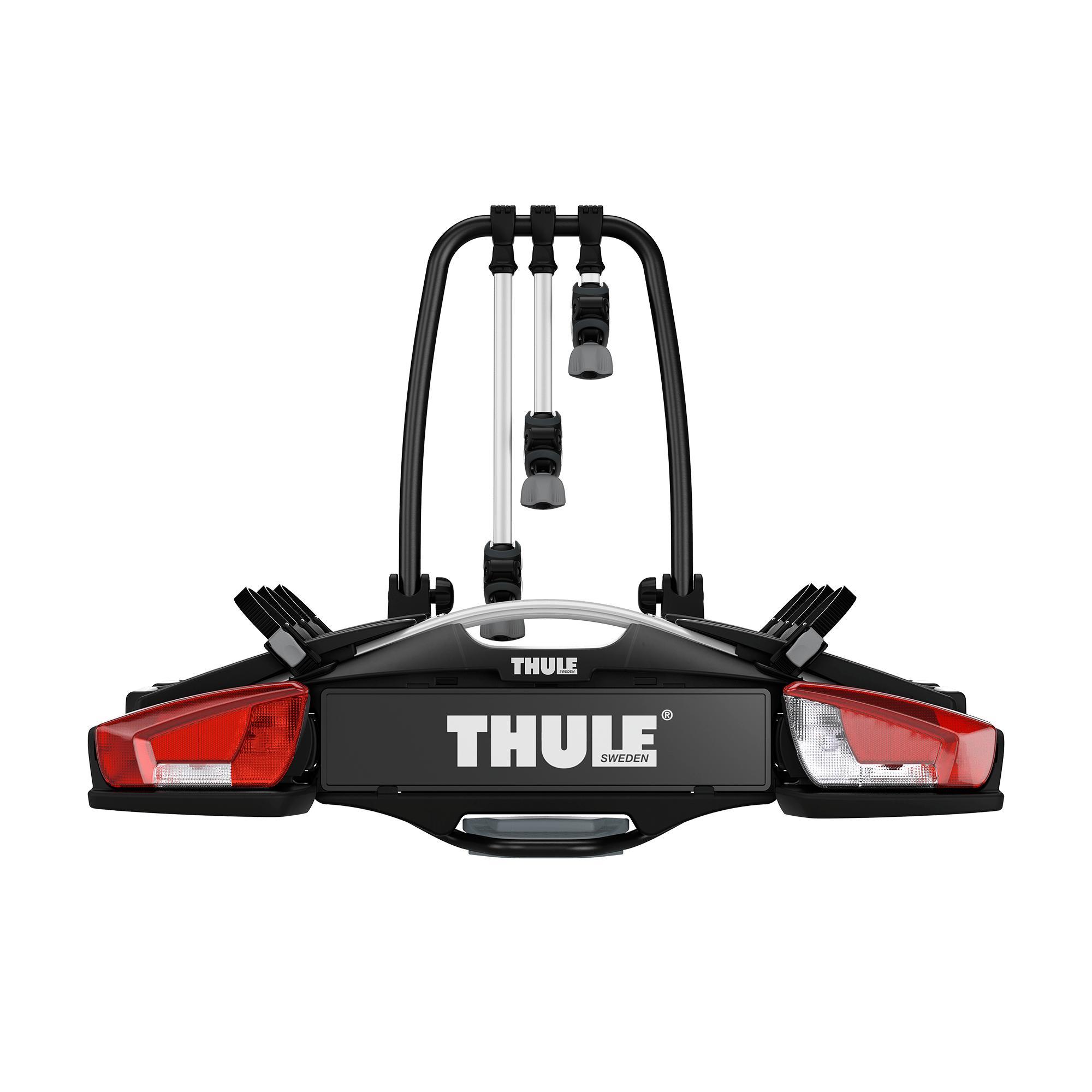 Black Thule VeloCompact 3 towbar bike rack with red taillights and silver bike arms.