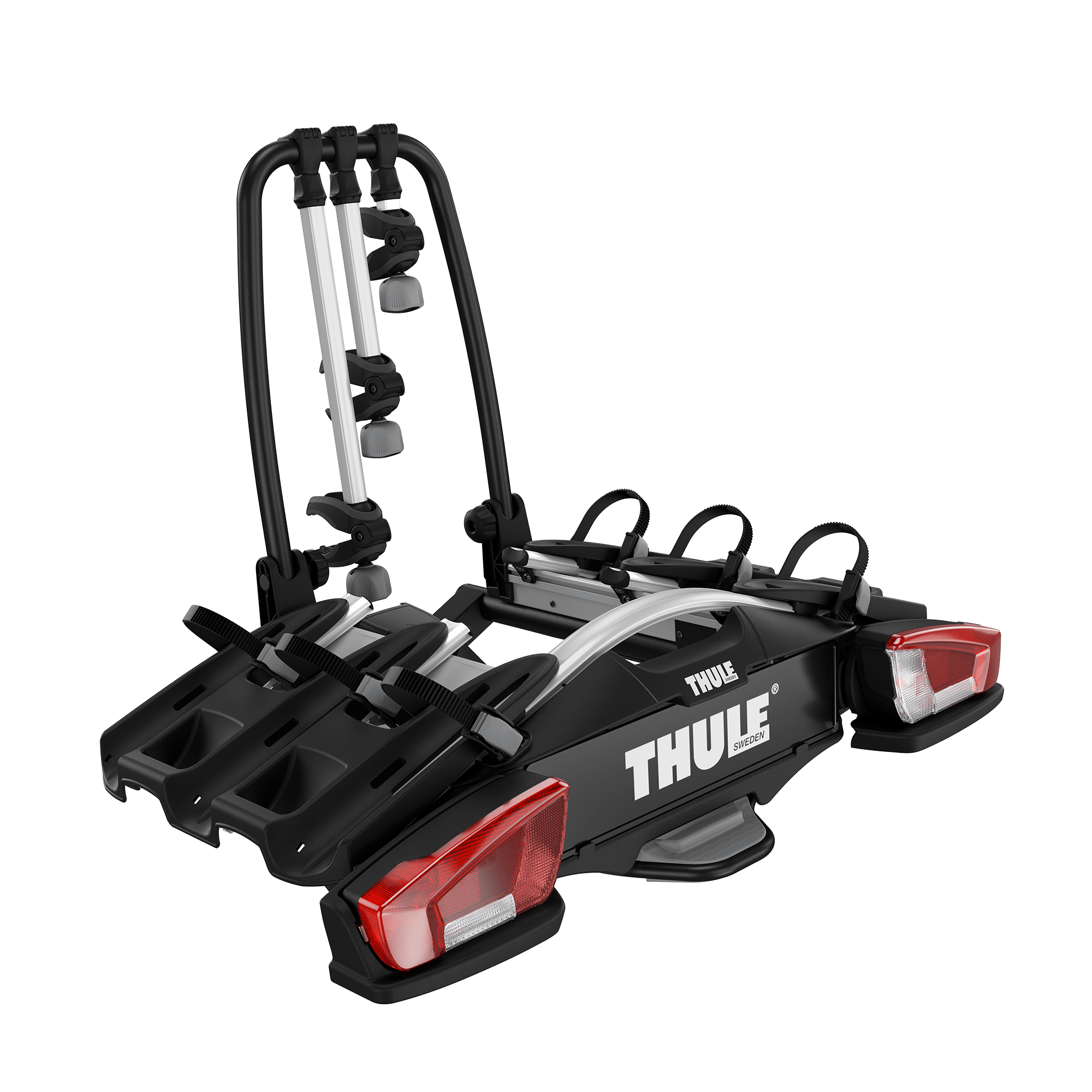 Black Thule VeloCompact 3 towbar bike rack with red taillights, designed for 3 bikes.