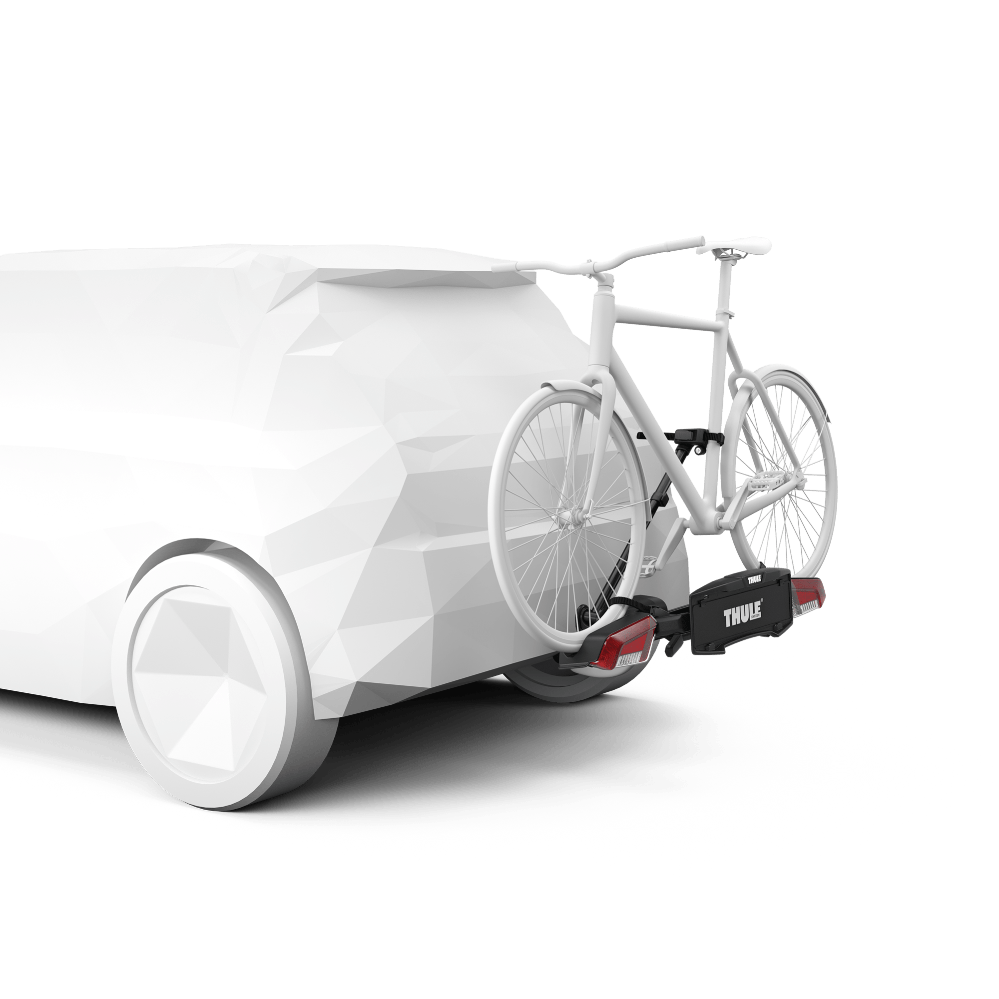 Thule VeloLite 1 black towbar-mounted platform bike carrier on a white car, holding one white bicycle.