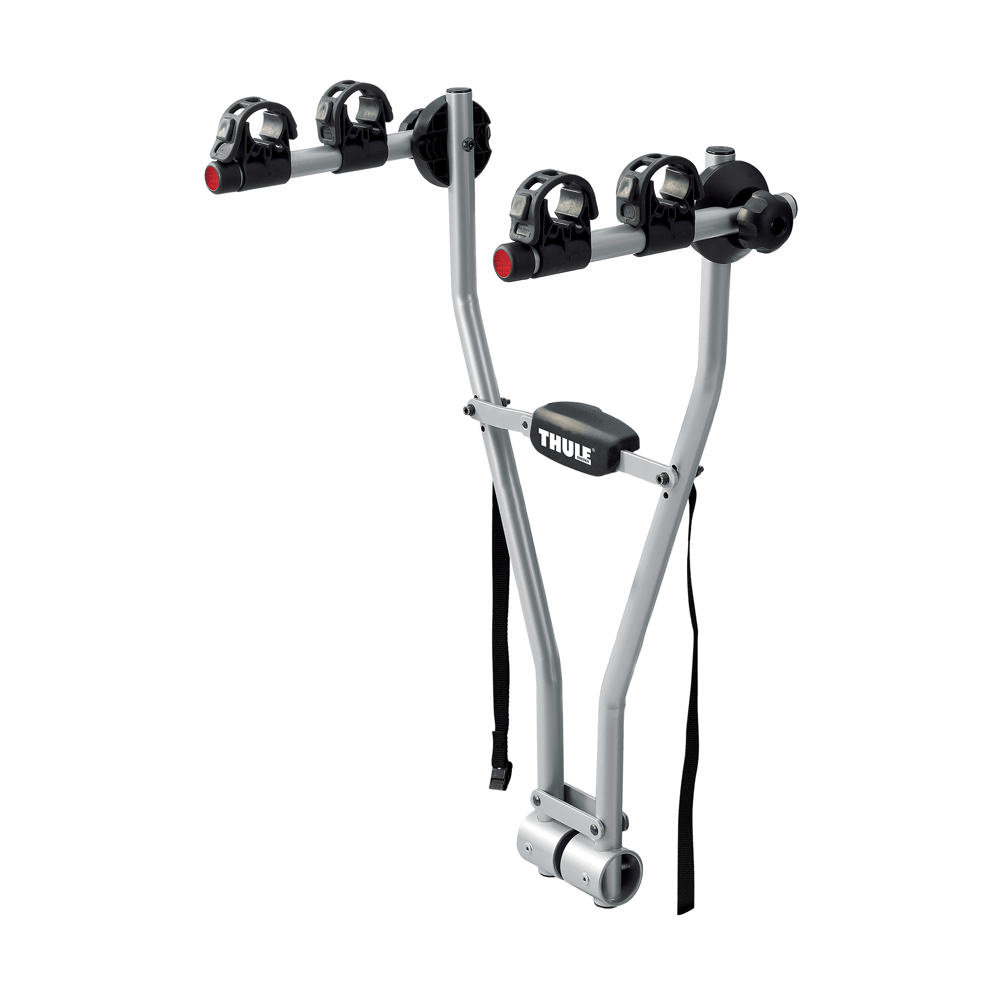 Silver Thule Xpress 2 towbar bike rack with black cradles and red accents, designed for two bikes.