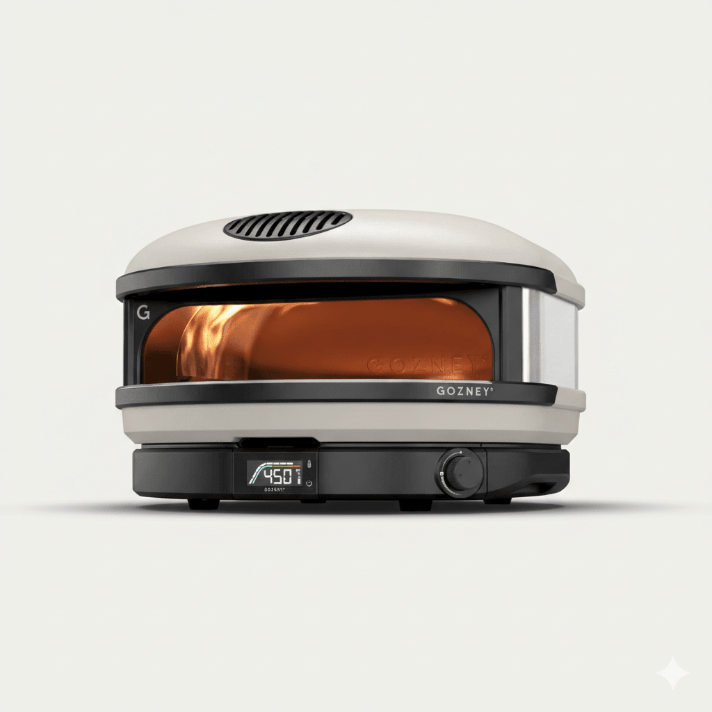 Sleek Gozney Arc XL pizza oven in light grey and black, with a glowing interior and digital display.