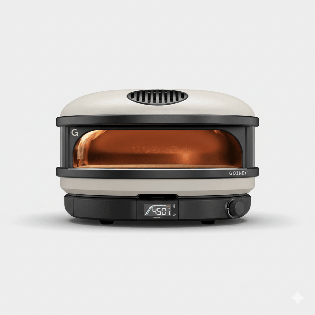 Sleek cream and black Gozney Arc XL pizza oven with illuminated interior and digital display showing 450°F.