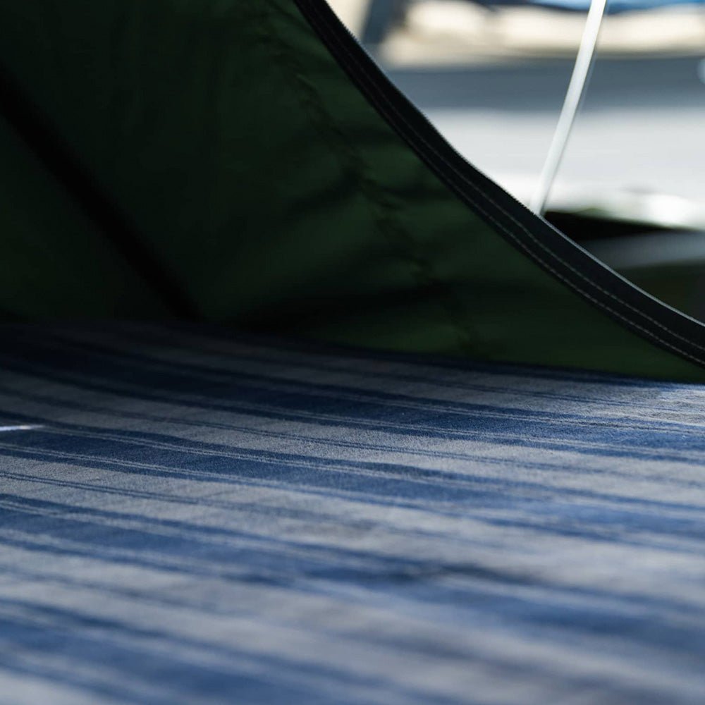 Blue and grey striped cotton fitted sheet for TentBox Lite XL mattress.