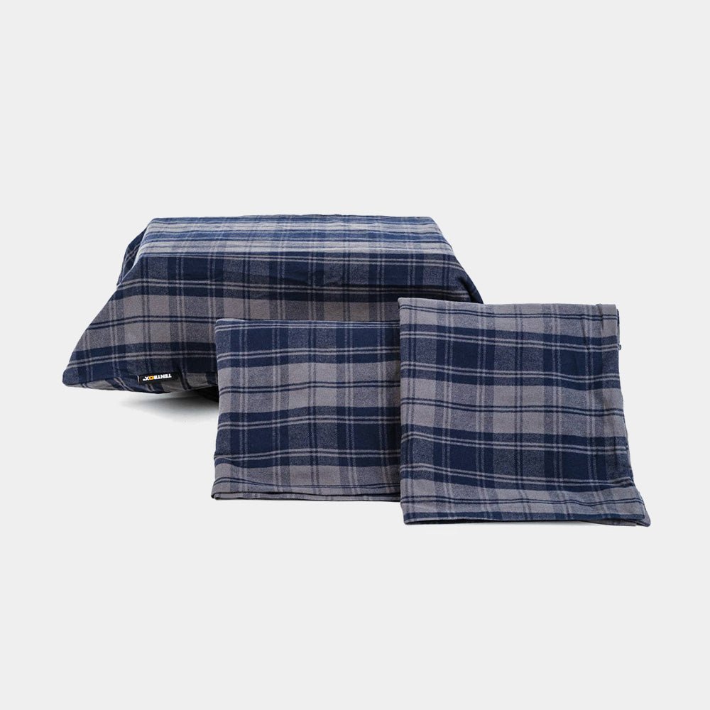 Blue and grey chequered cotton fitted sheet for TentBox Lite XL with two matching pillowcases.