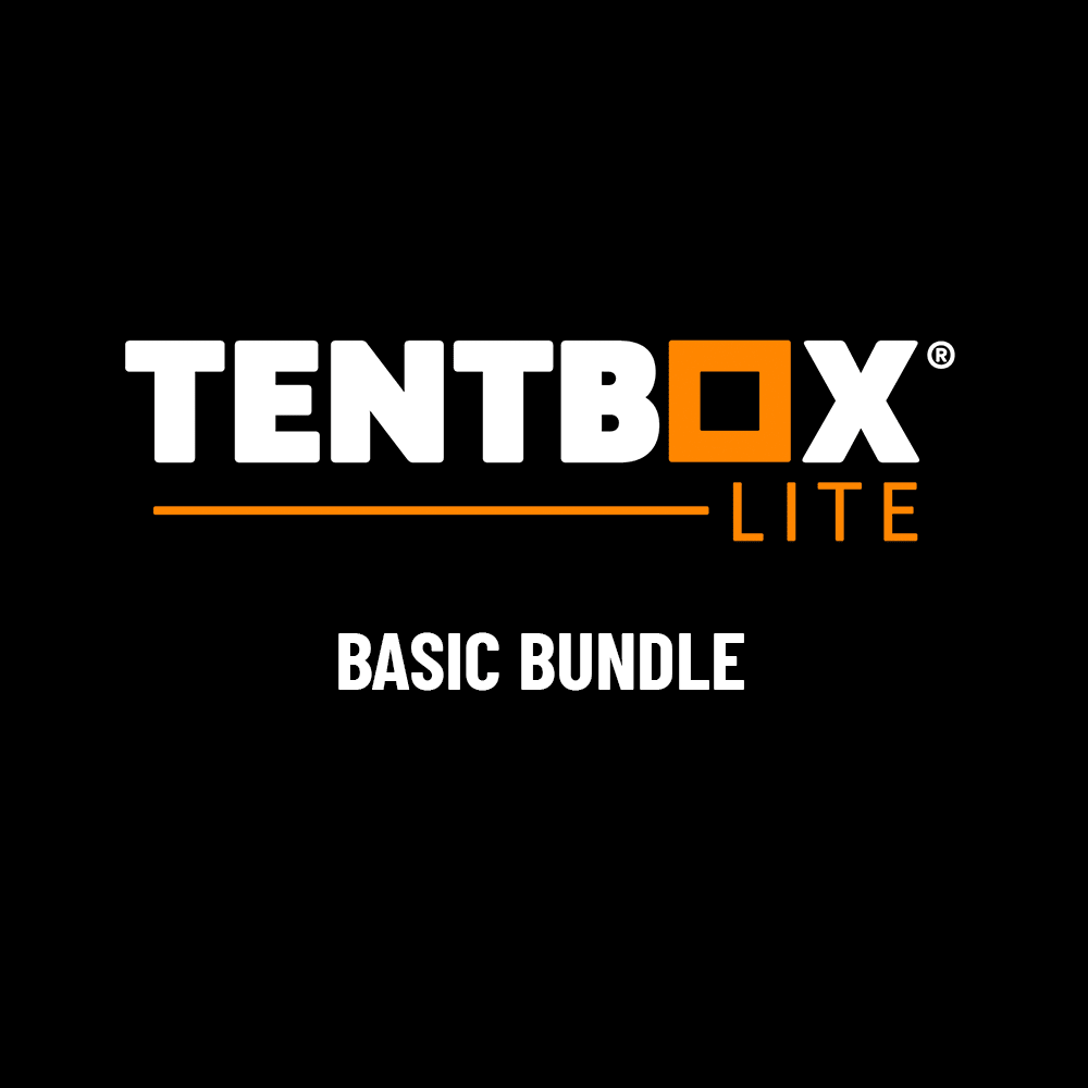 TentBox Lite Basic Bundle logo in white and orange on a black background.