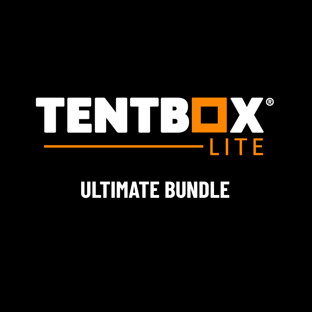 TentBox Lite Ultimate Bundle logo: white text, orange square and line on a black background.