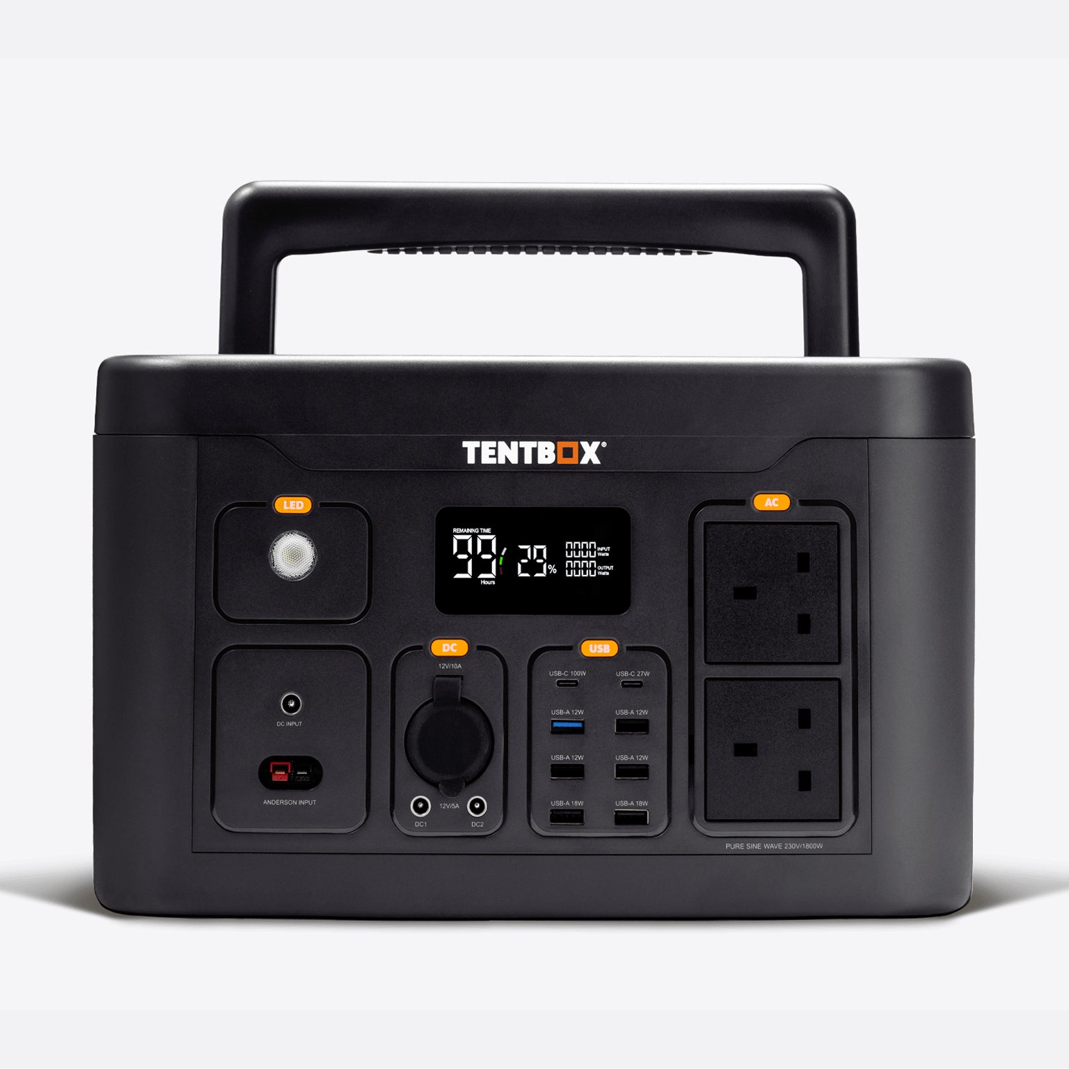 Black TentBox Power Station with digital display, USB, AC, and DC ports, and a sturdy top handle.