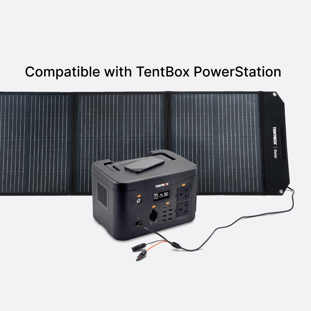 TentBox PowerStation with solar panel on a white background